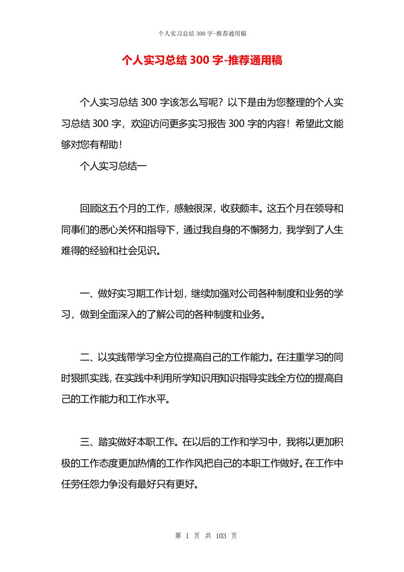 个人实习总结300字