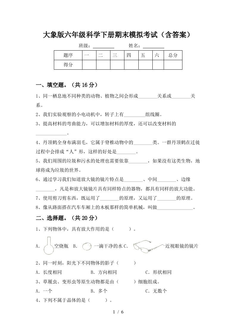 大象版六年级科学下册期末模拟考试含答案