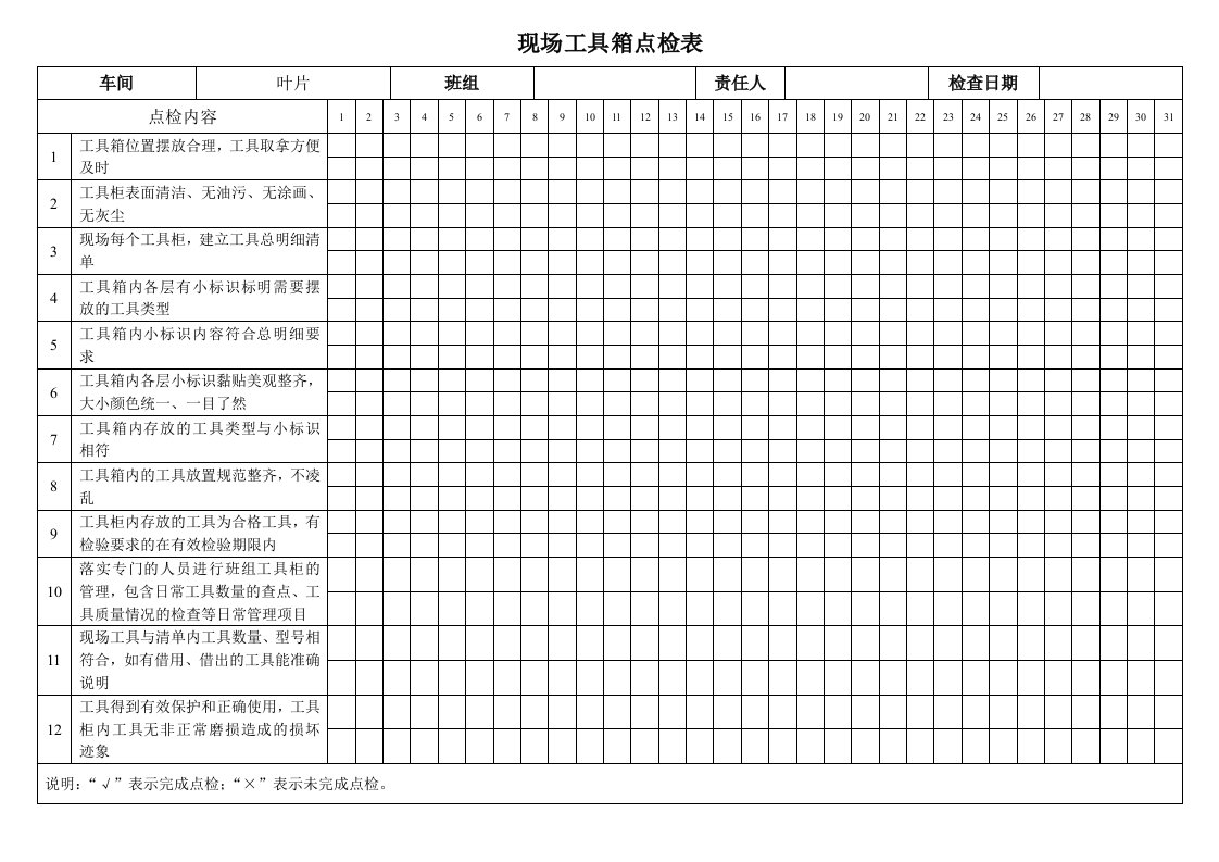 现场工具箱点检表