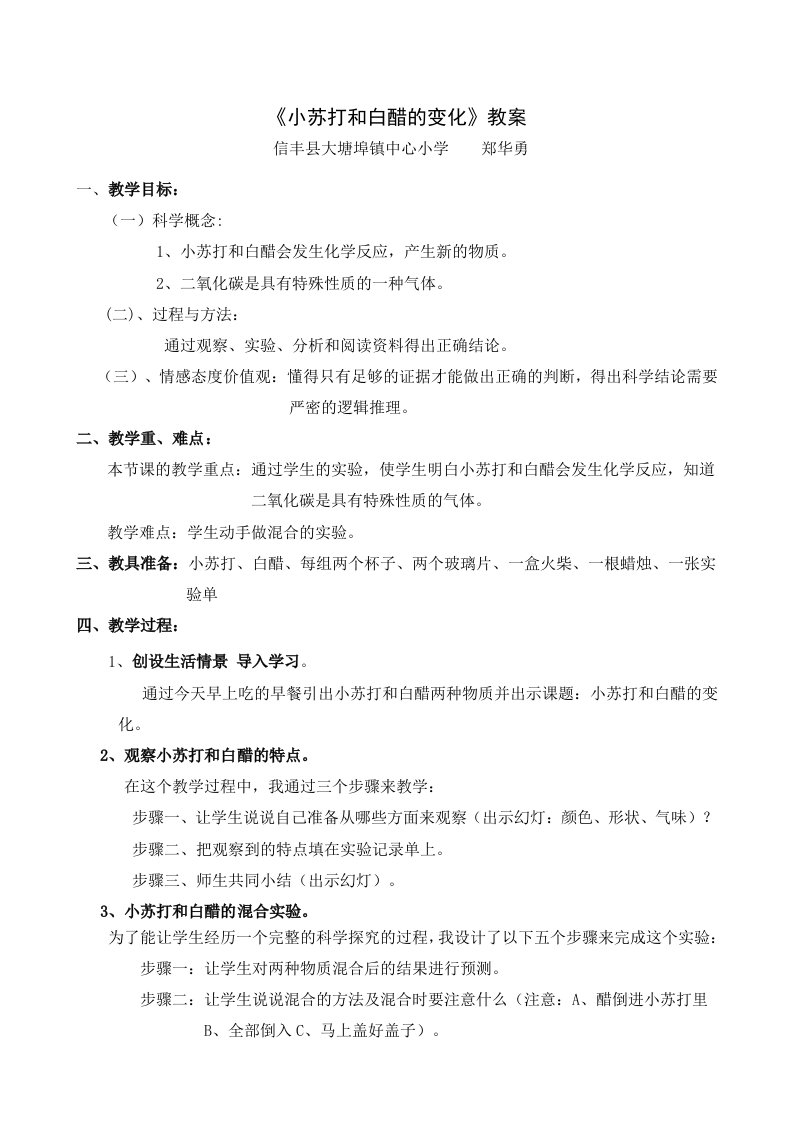 《小苏打和白醋的变化》教案