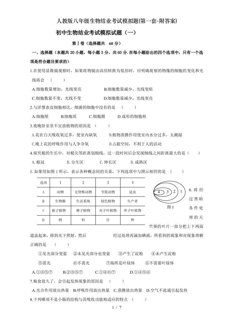 人教版八年级生物结业考试模拟题(第一套-附答案)