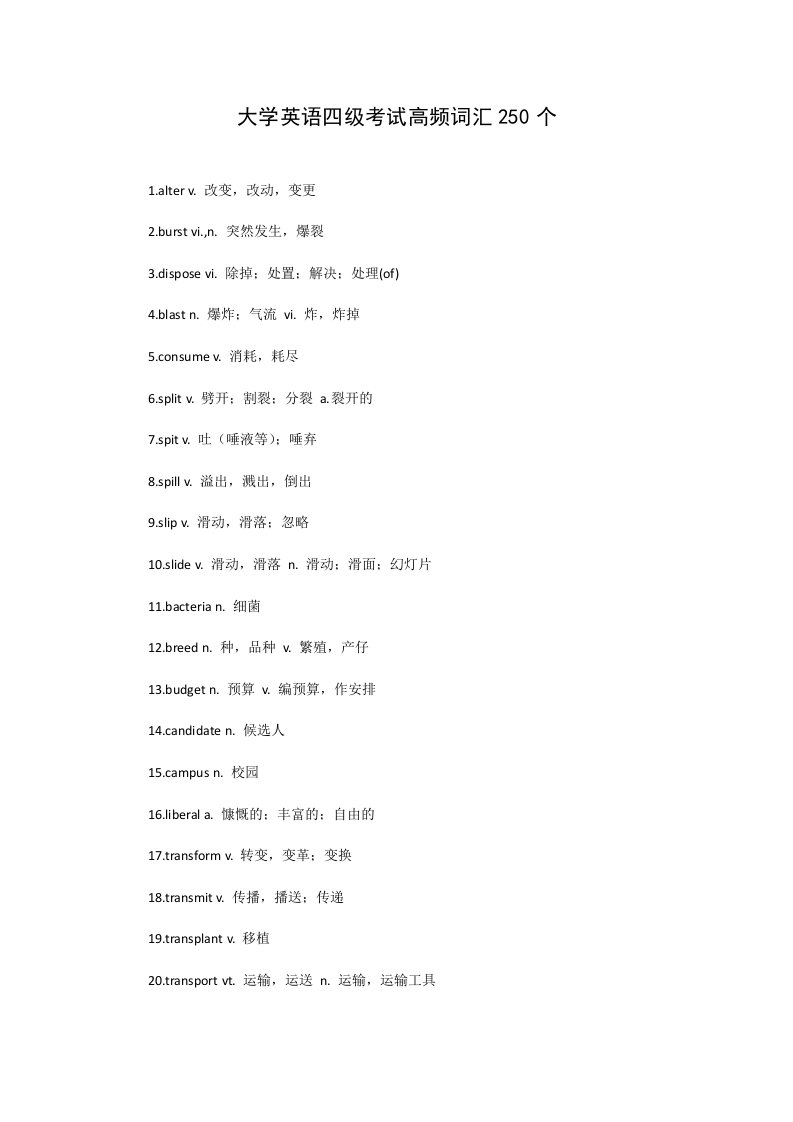 大学英语四级考试高频词汇250个