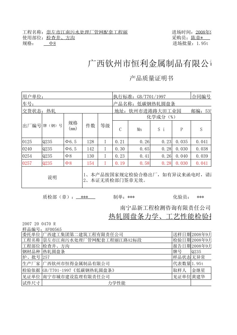 钢筋质量证明书及检验报告