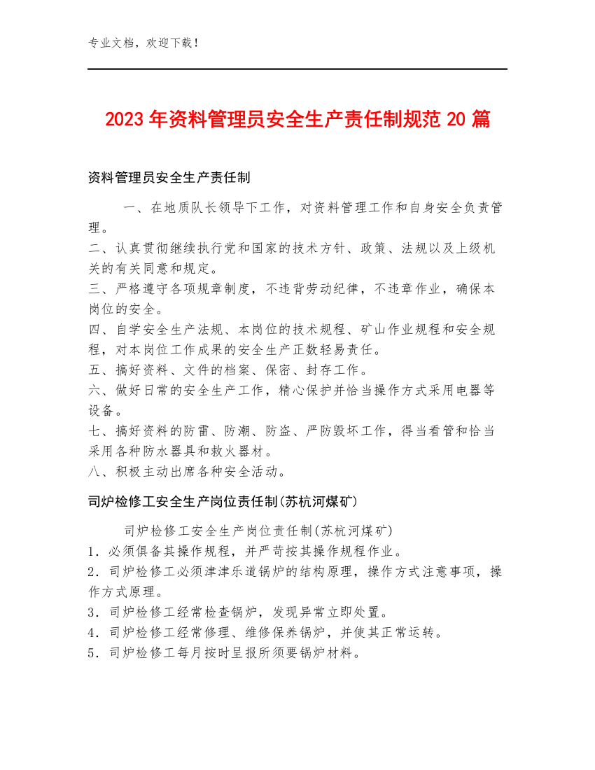 2023年资料管理员安全生产责任制规范20篇