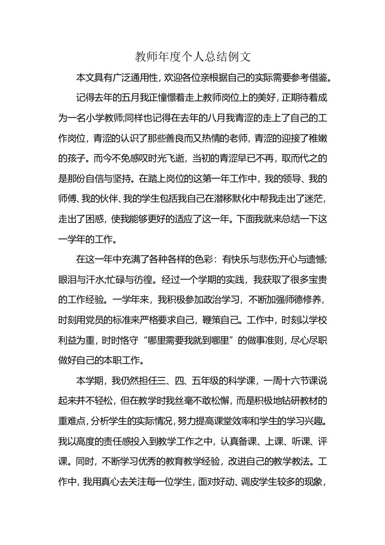 教师年度个人总结例文