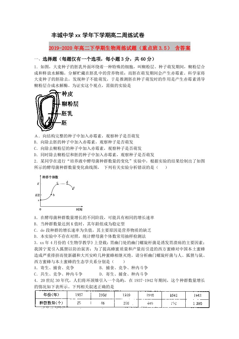 2019-2020年高二下学期生物周练试题（重点班3.5）