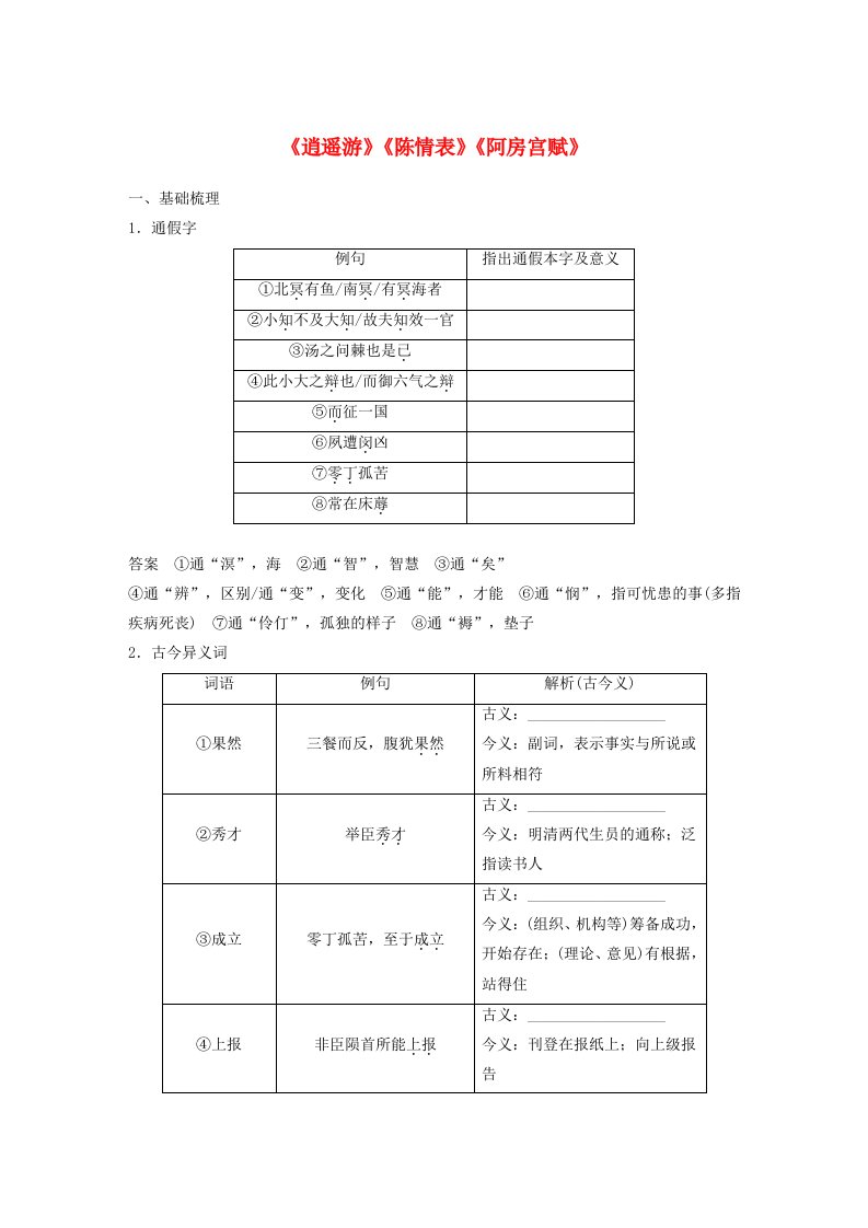 宁陕蒙青川2024届高考语文一轮复习教案板块五文言文阅读教材文言文复习34逍遥游陈情表阿房宫赋