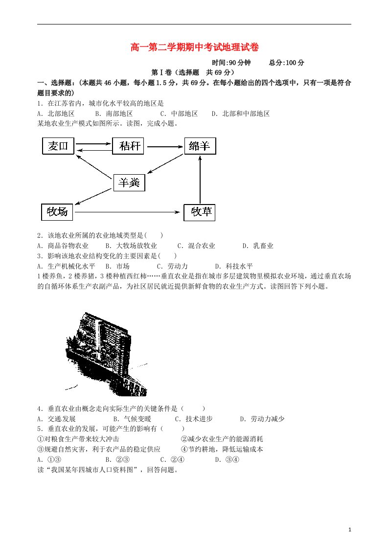 河北省枣强中学高一地理下学期期中试题