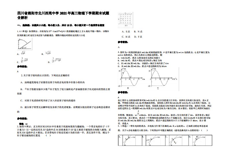 四川省绵阳市北川西苑中学2021年高三物理下学期期末试题带解析