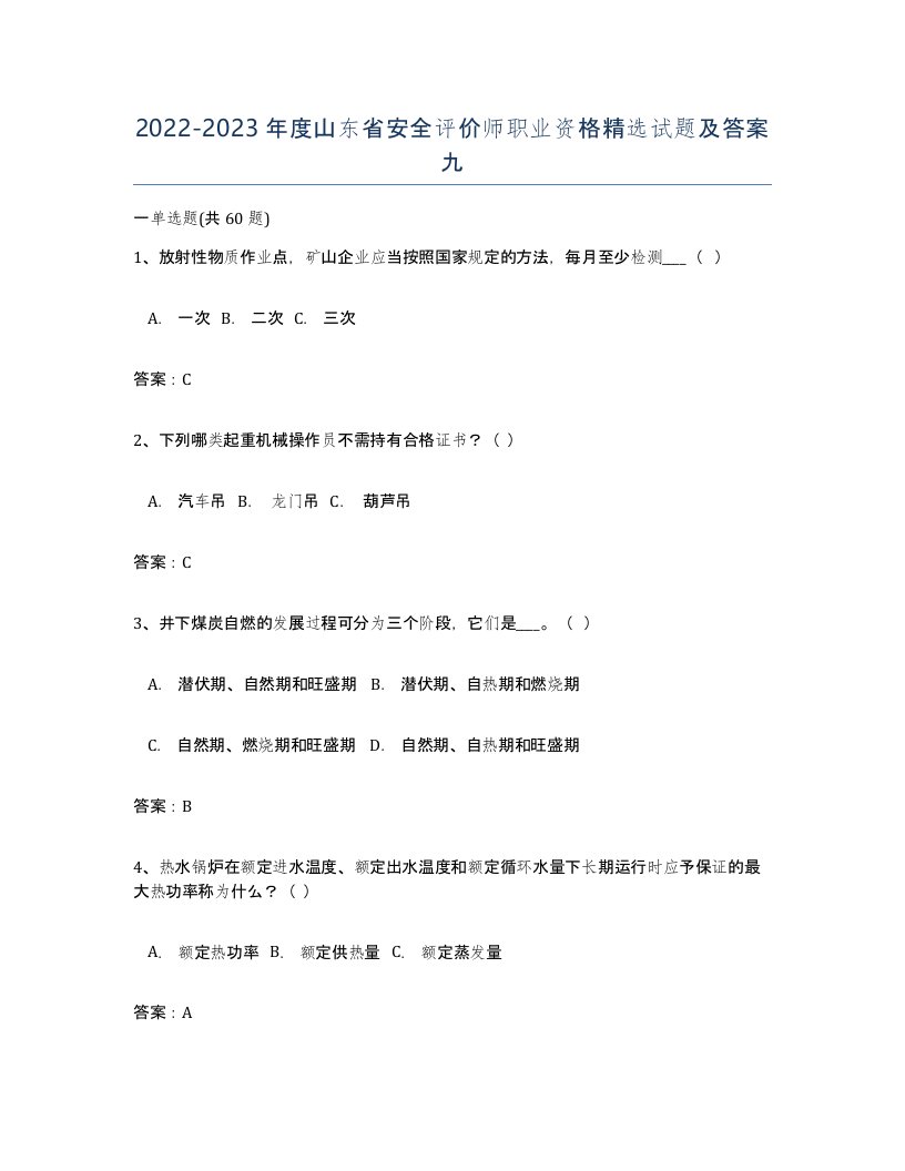 2022-2023年度山东省安全评价师职业资格试题及答案九