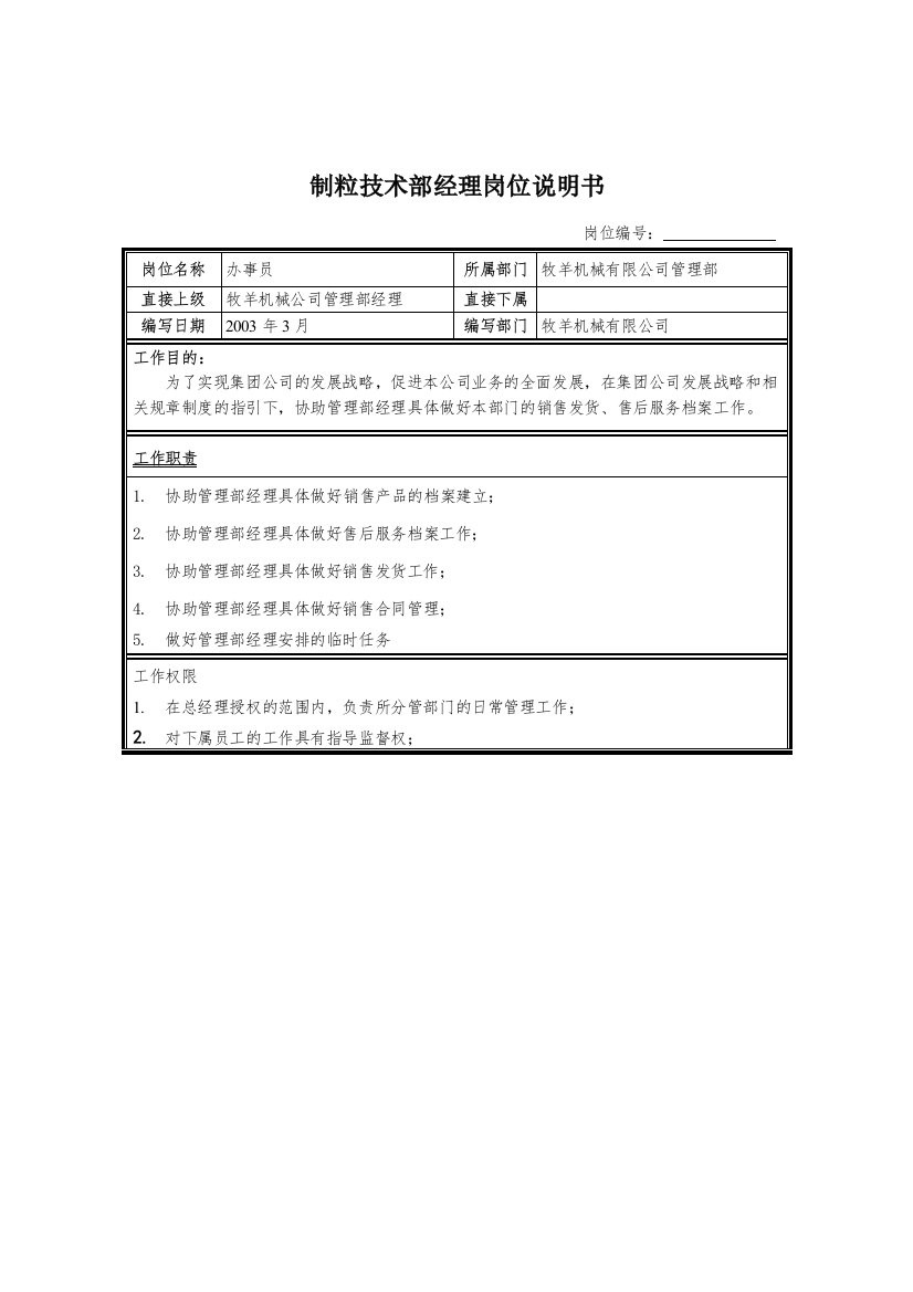 制粒技术部经理岗位说明书