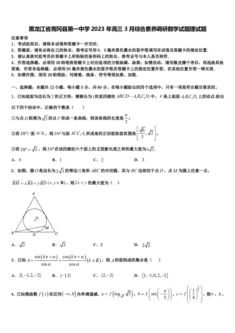 黑龙江省青冈县第一中学2023年高三3月综合素养调研数学试题理试题含解析