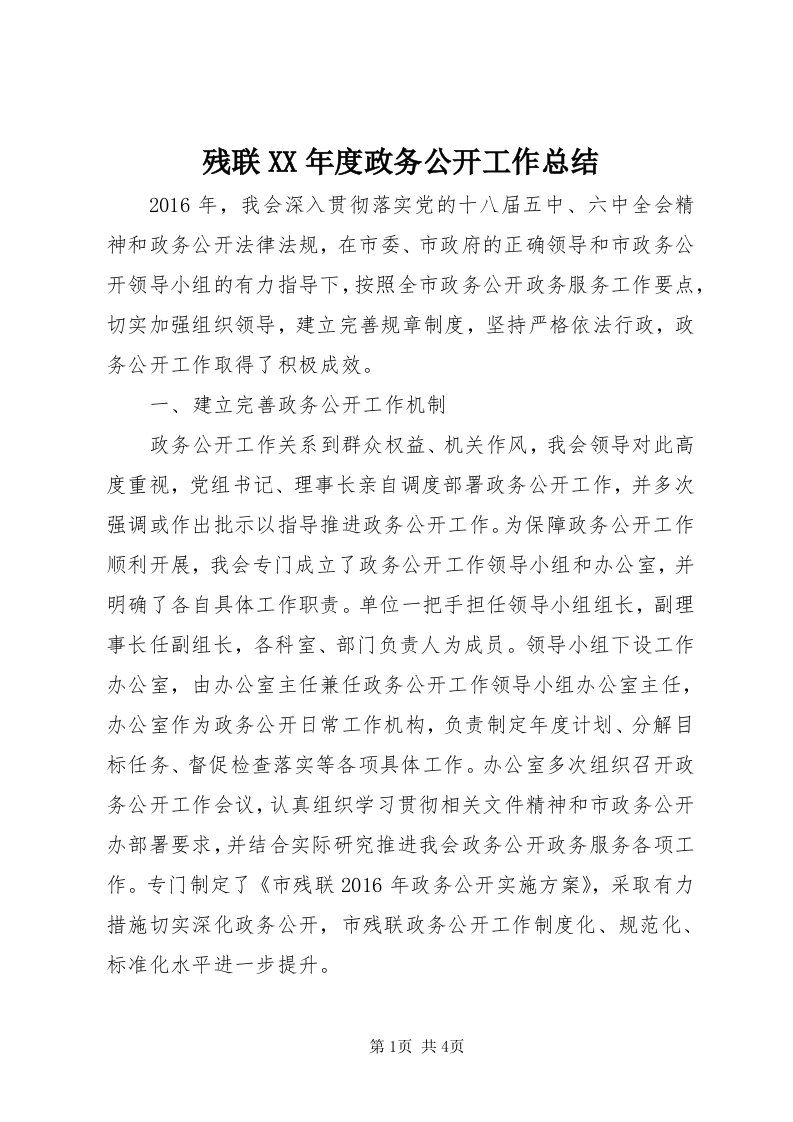 残联某年度政务公开工作总结