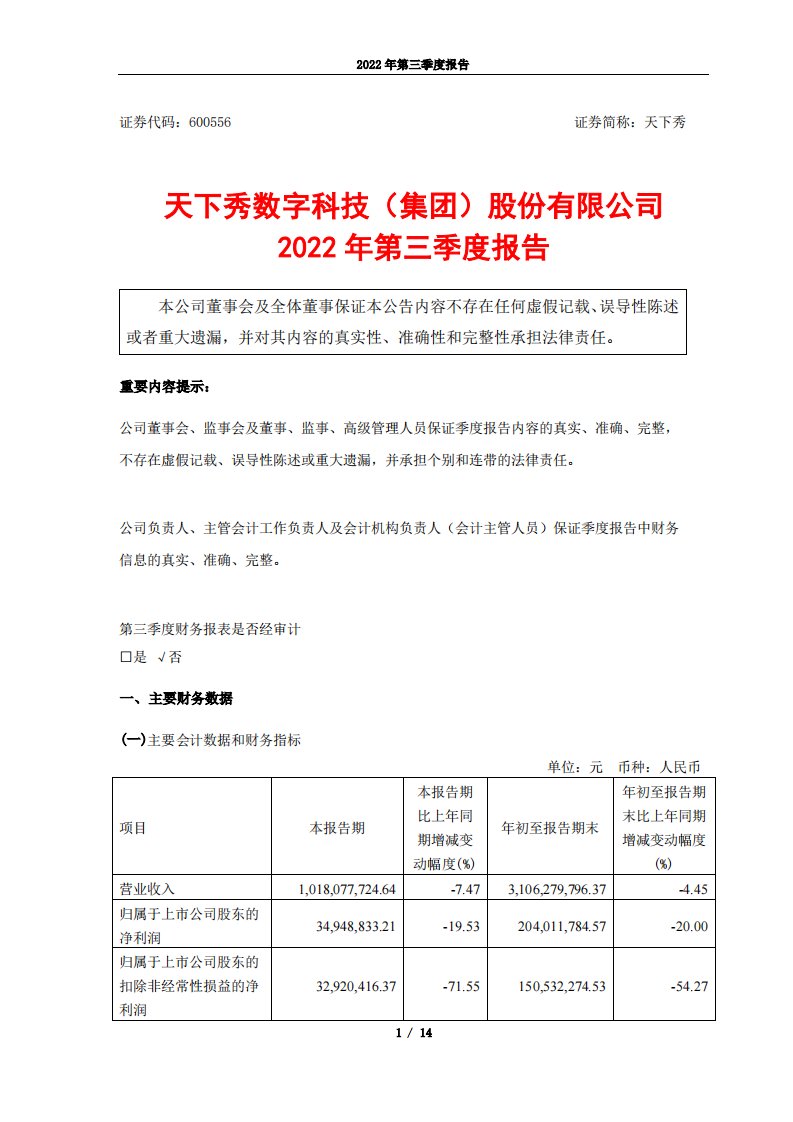 上交所-天下秀数字科技（集团）股份有限公司2022年第三季度报告-20221030