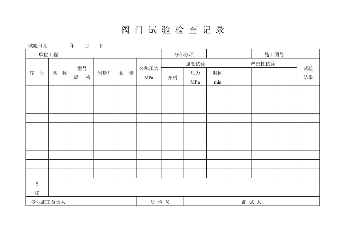 阀门试验检查记录