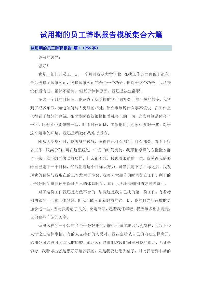 试用期的员工辞职报告模板集合六篇