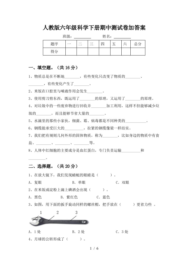 人教版六年级科学下册期中测试卷加答案