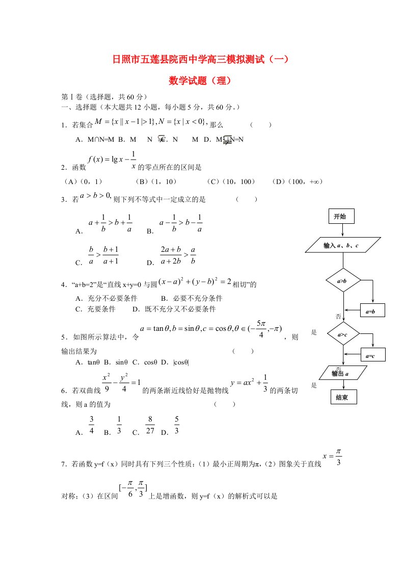 山东省日照市五莲县院西中学高三数学模拟测试一及答案.通用