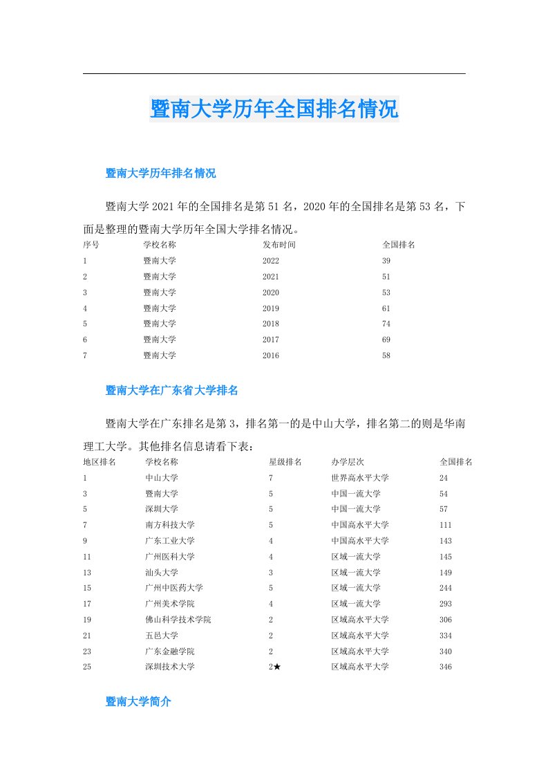 暨南大学历年全国排名情况