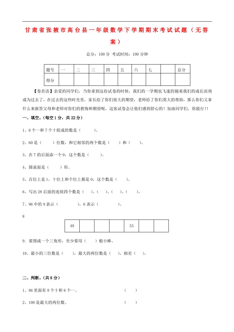 甘肃省张掖市高台县一级数学下学期期末考试试题（无答案）