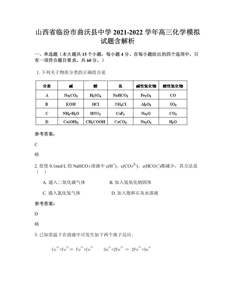 山西省临汾市曲沃县中学2021-2022学年高三化学模拟试题含解析