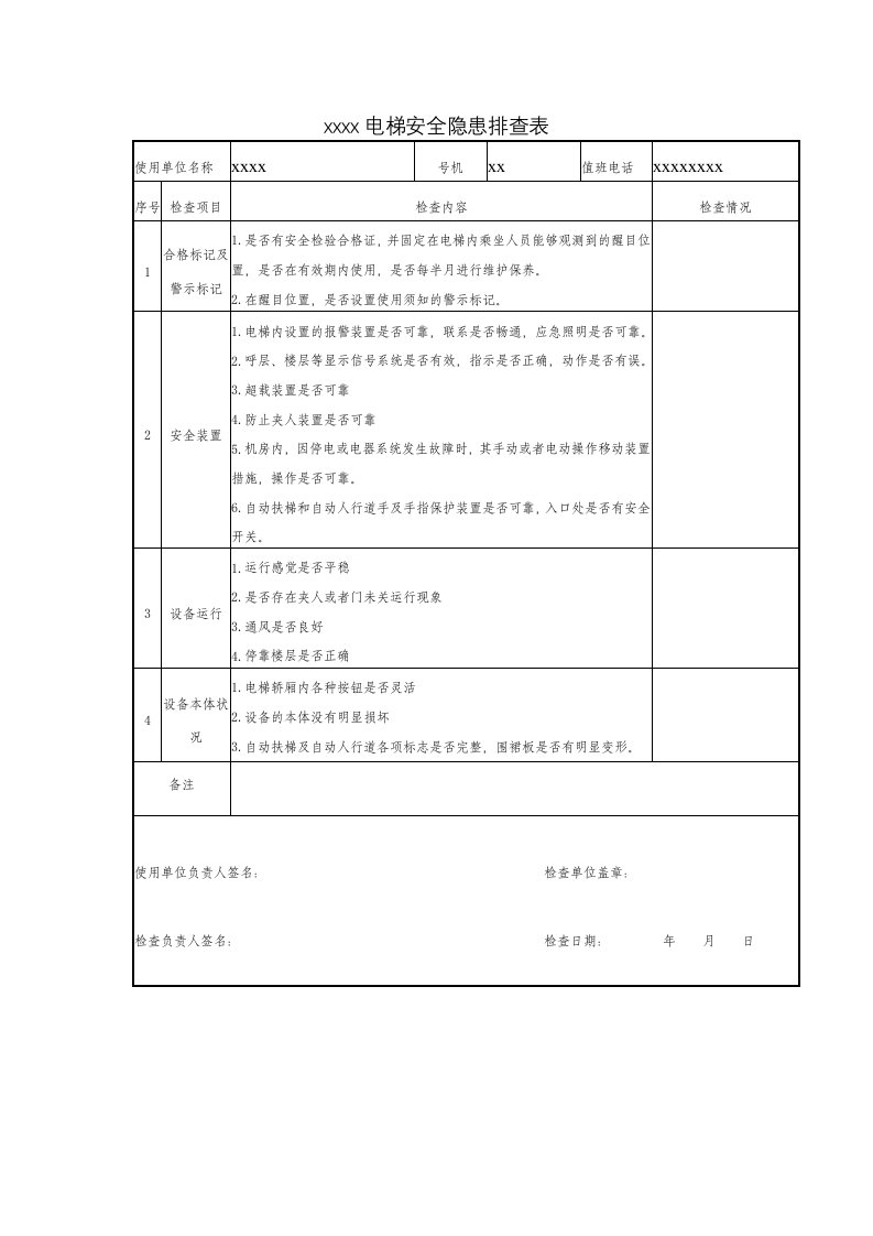 电梯安全隐患排查表