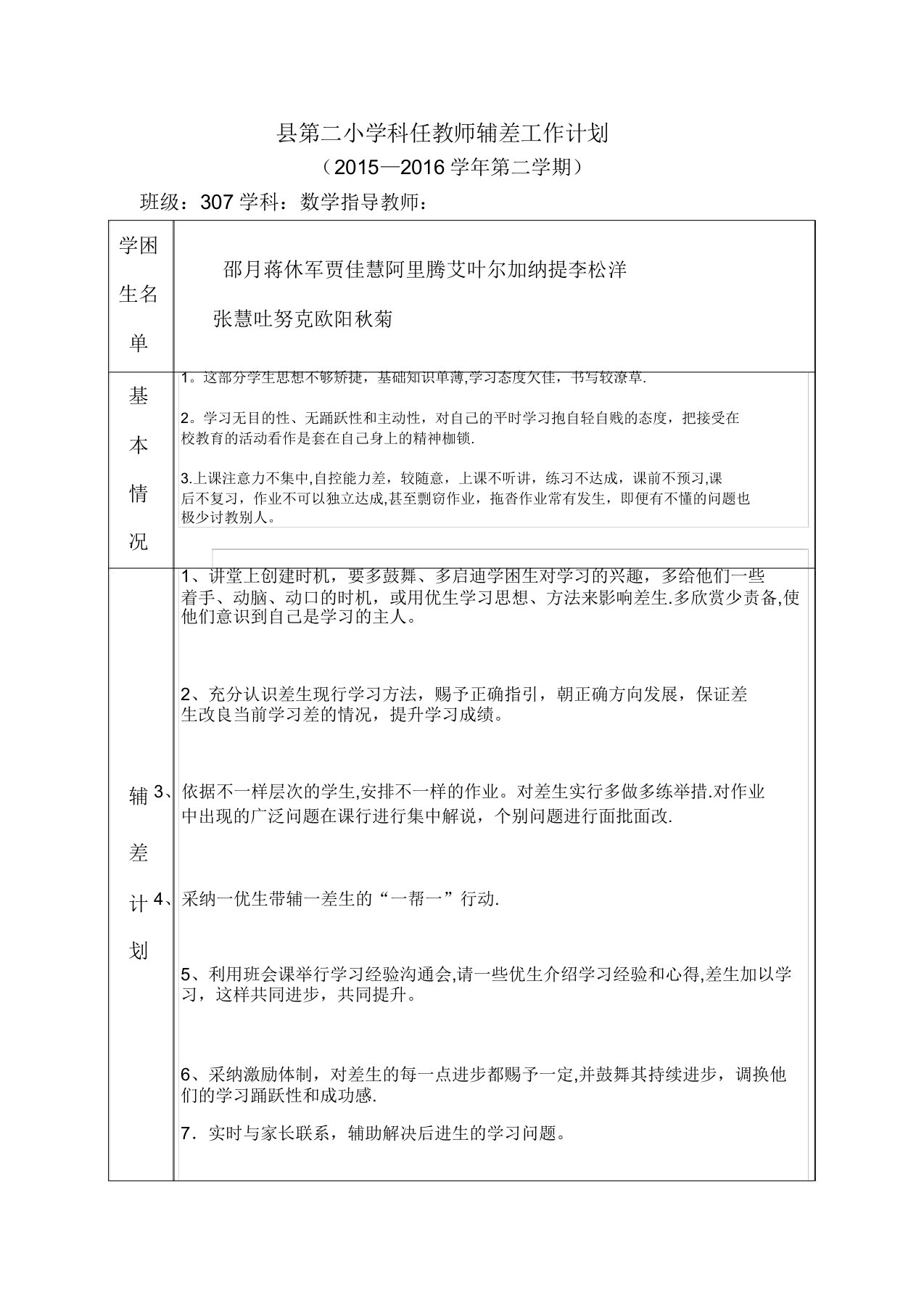 三年级数学下册辅差工作计划及活动记录表3