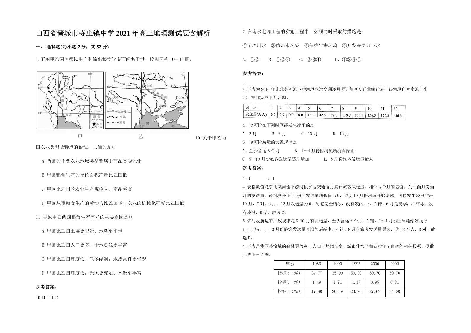 山西省晋城市寺庄镇中学2021年高三地理测试题含解析