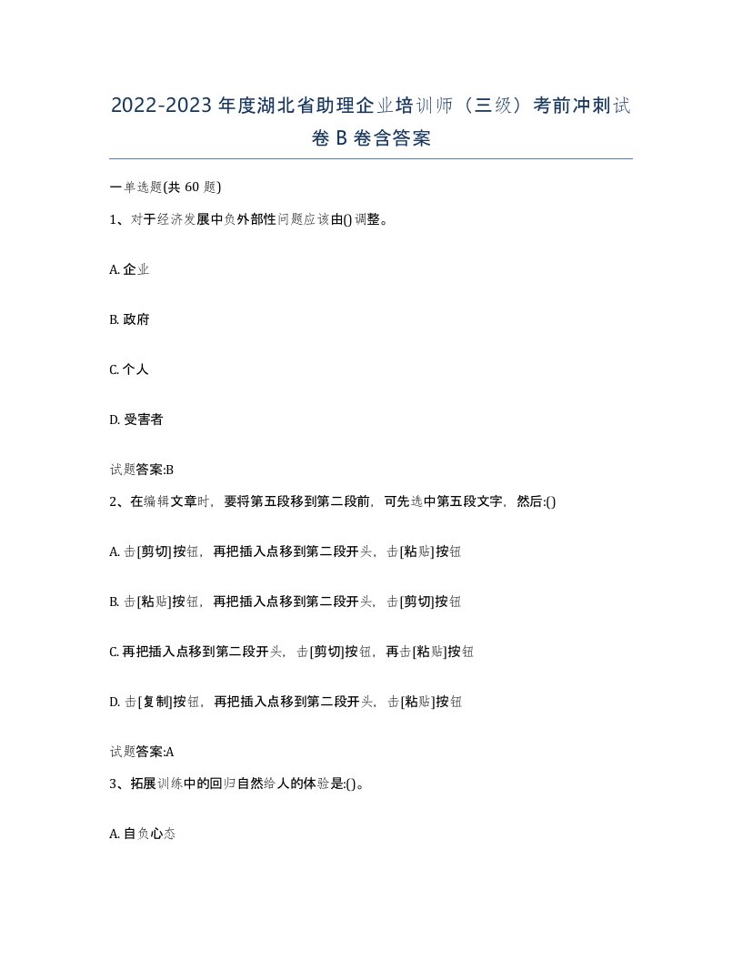 2022-2023年度湖北省助理企业培训师三级考前冲刺试卷B卷含答案