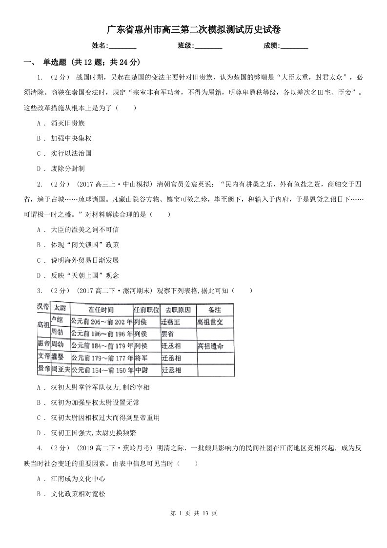 广东省惠州市高三第二次模拟测试历史试卷