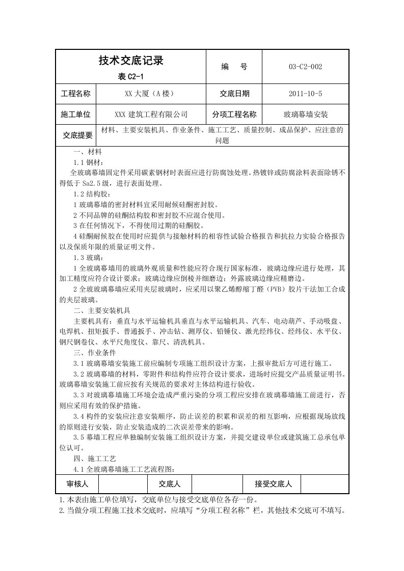 全玻璃幕墙技术交底记录