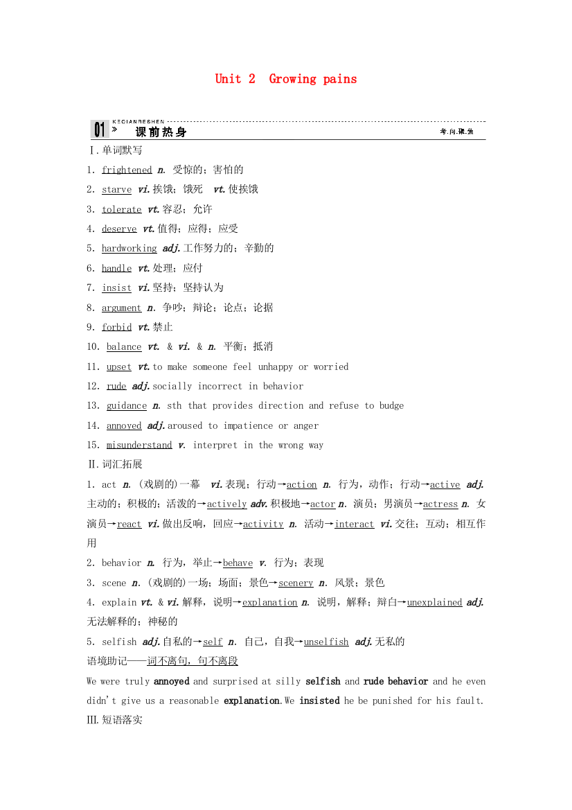 （整理版高中英语）Unit2　Growingpains