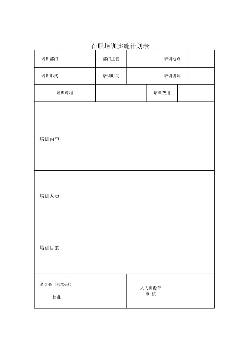 在职培训实施计划表