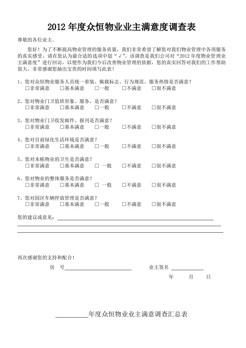 业主满意度调查表