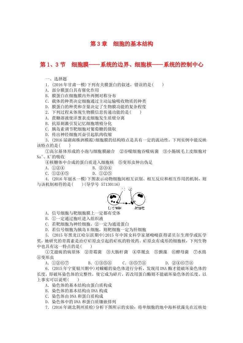 高考生物总复习第3章细胞的基本结构课时作业