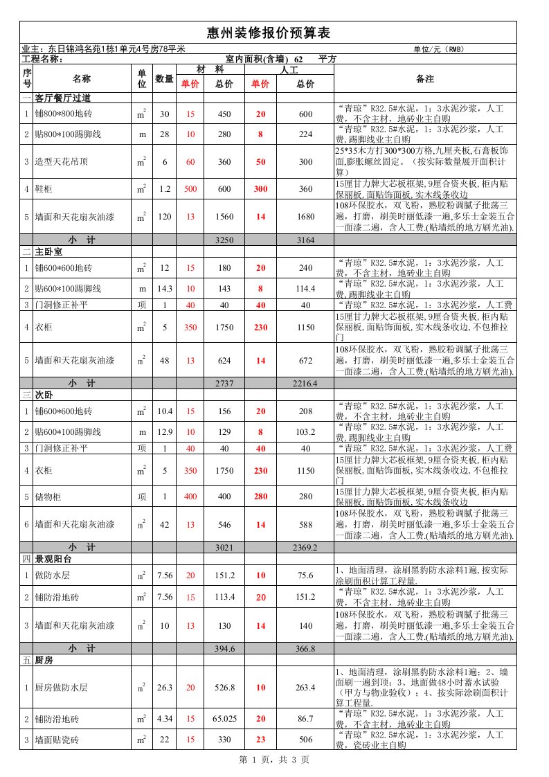 惠州装修报价预算表