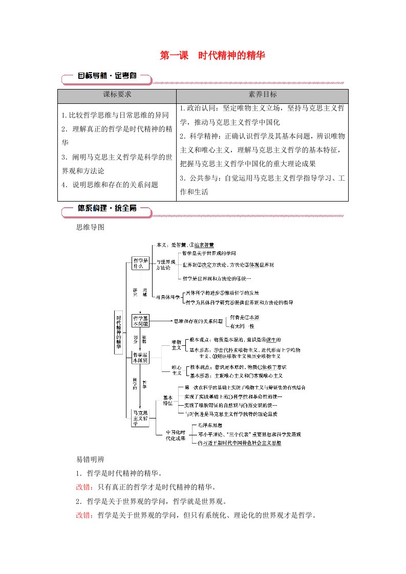 2025版高考政治一轮总复习知识导航必修4第1单元探索世界与把握规律第1课时代精神的精华