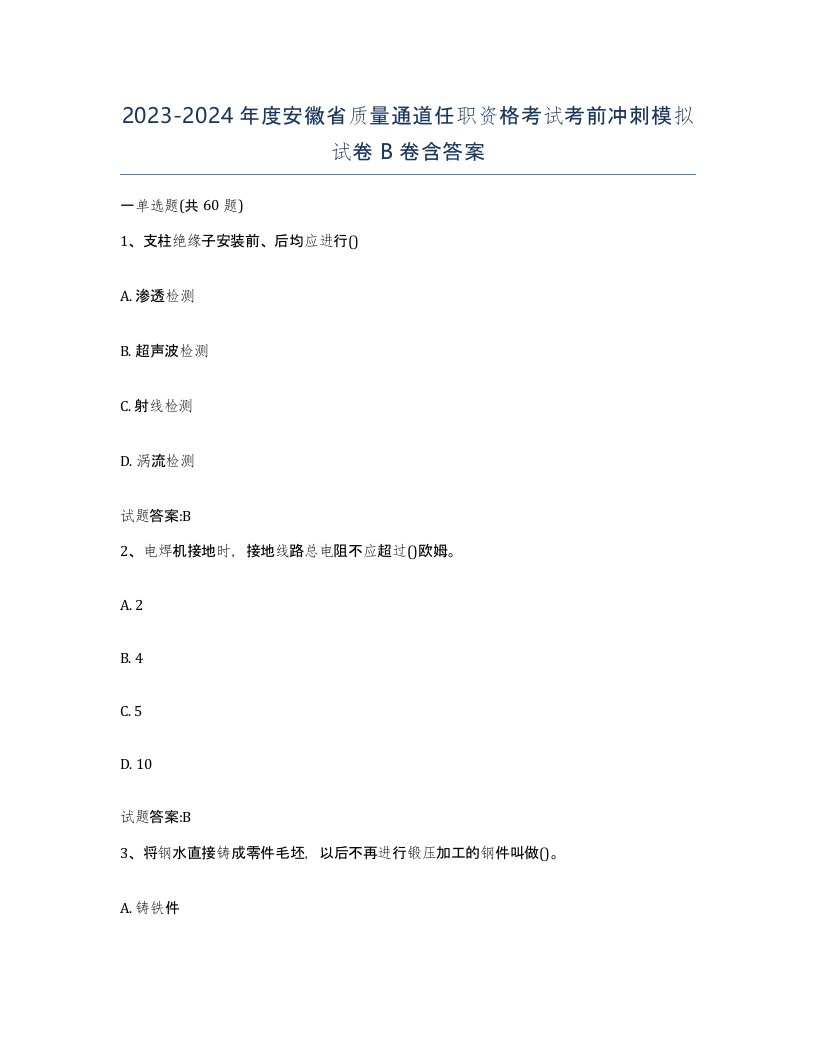 20232024年度安徽省质量通道任职资格考试考前冲刺模拟试卷B卷含答案