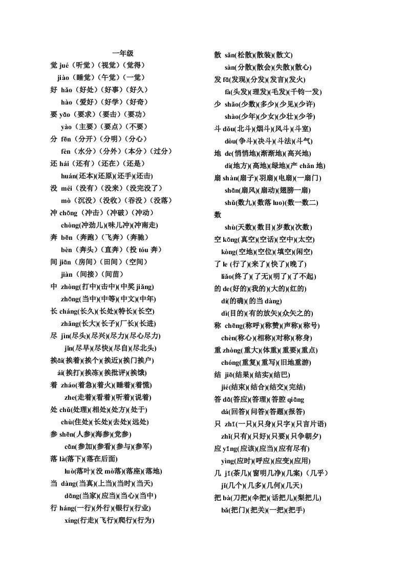 小学1-6年级多音字汇总