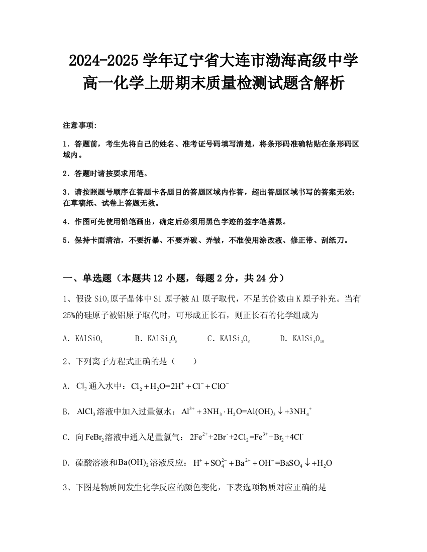 2024-2025学年辽宁省大连市渤海高级中学高一化学上册期末质量检测试题含解析