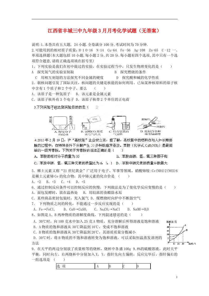 江西省丰城三中九级化学3月月考试题（无答案）