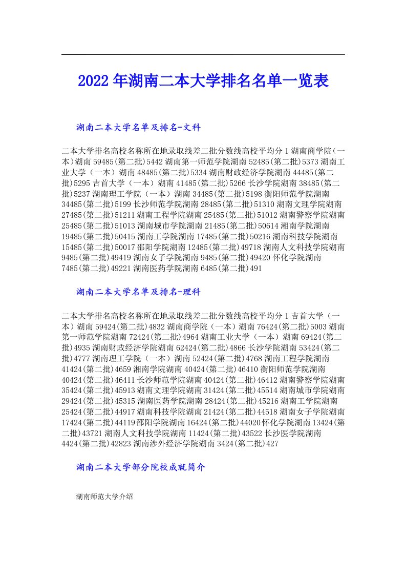 湖南二本大学排名名单一览表