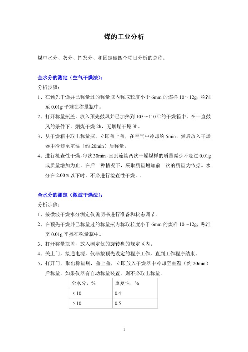 煤炭工业分析方法汇总