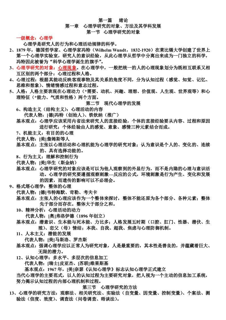 心理学导论复习要点