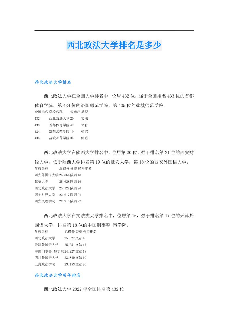 西北政法大学排名是多少