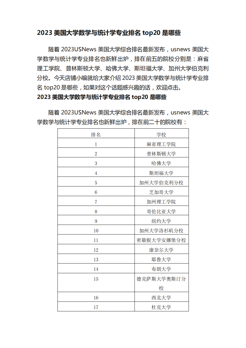 2023美国大学数学与统计学专业排名top20是哪些