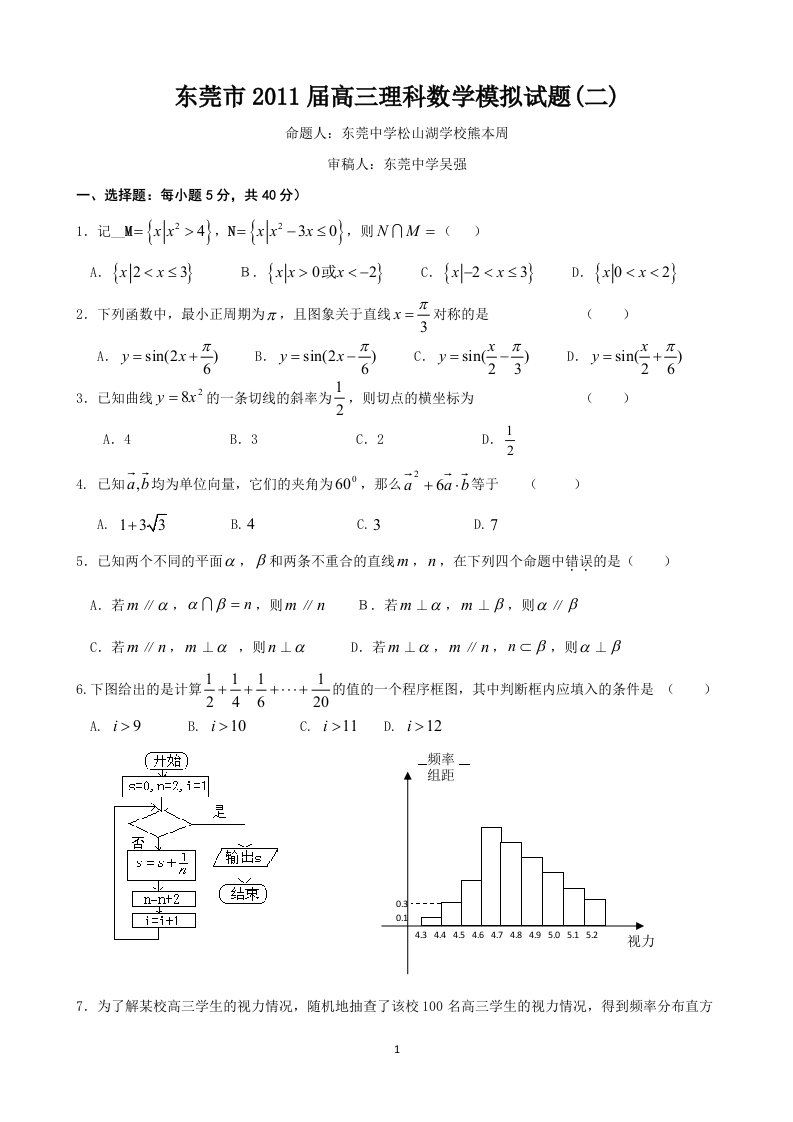 东莞市2011届高三理科数学模拟试题二及答案