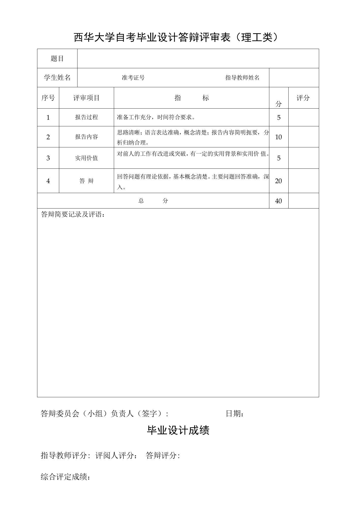 西华大学自考毕业设计答辩评审表理工类答辩委员会小组负责人签字日期毕业设计成绩