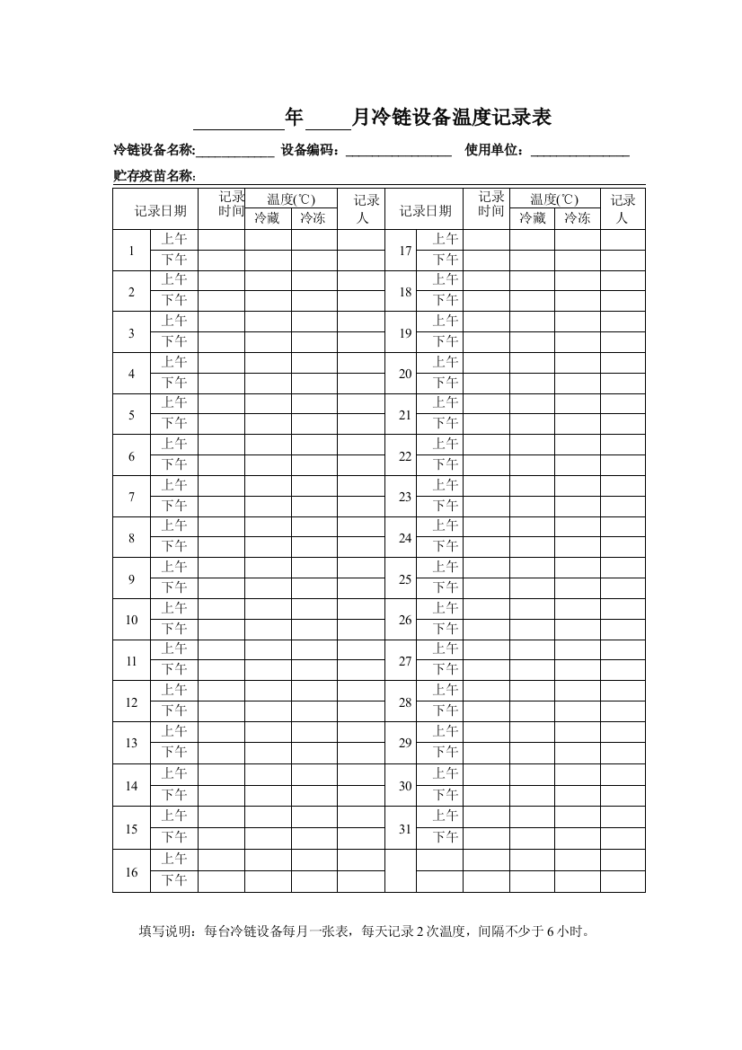 疫苗冷链温记录表