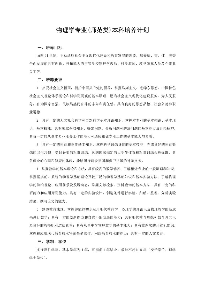 物理学专业师范类本科培养计划